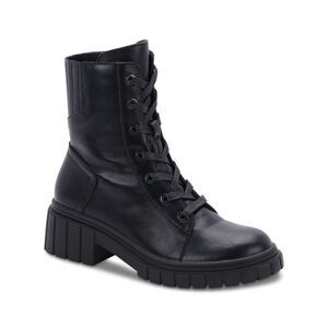 AQUA COLLEGE Womens Black Up Perel Toe Block Heel Leather Combat Boots 7.5 M